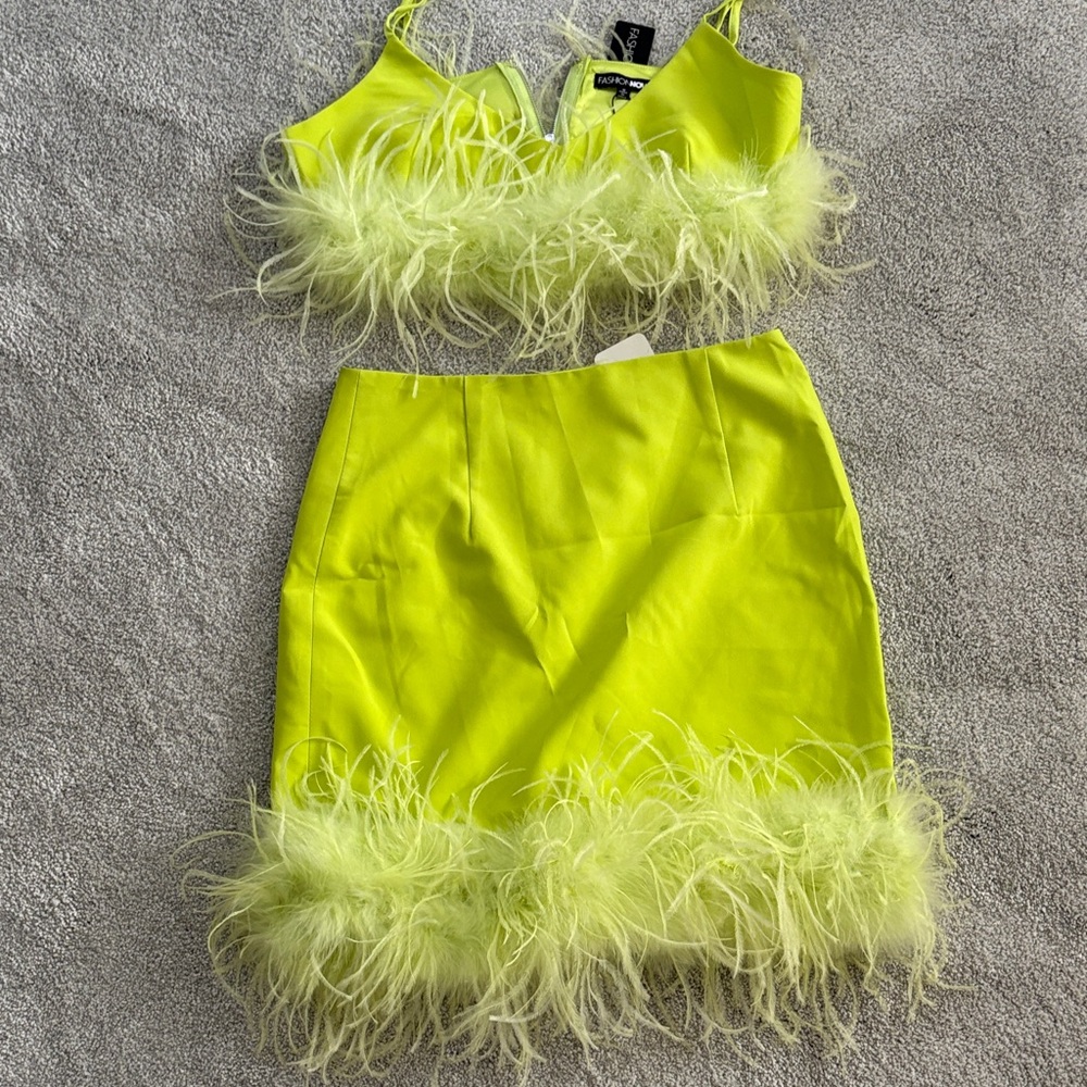Asymmetrical Lime Green Feathered Dress